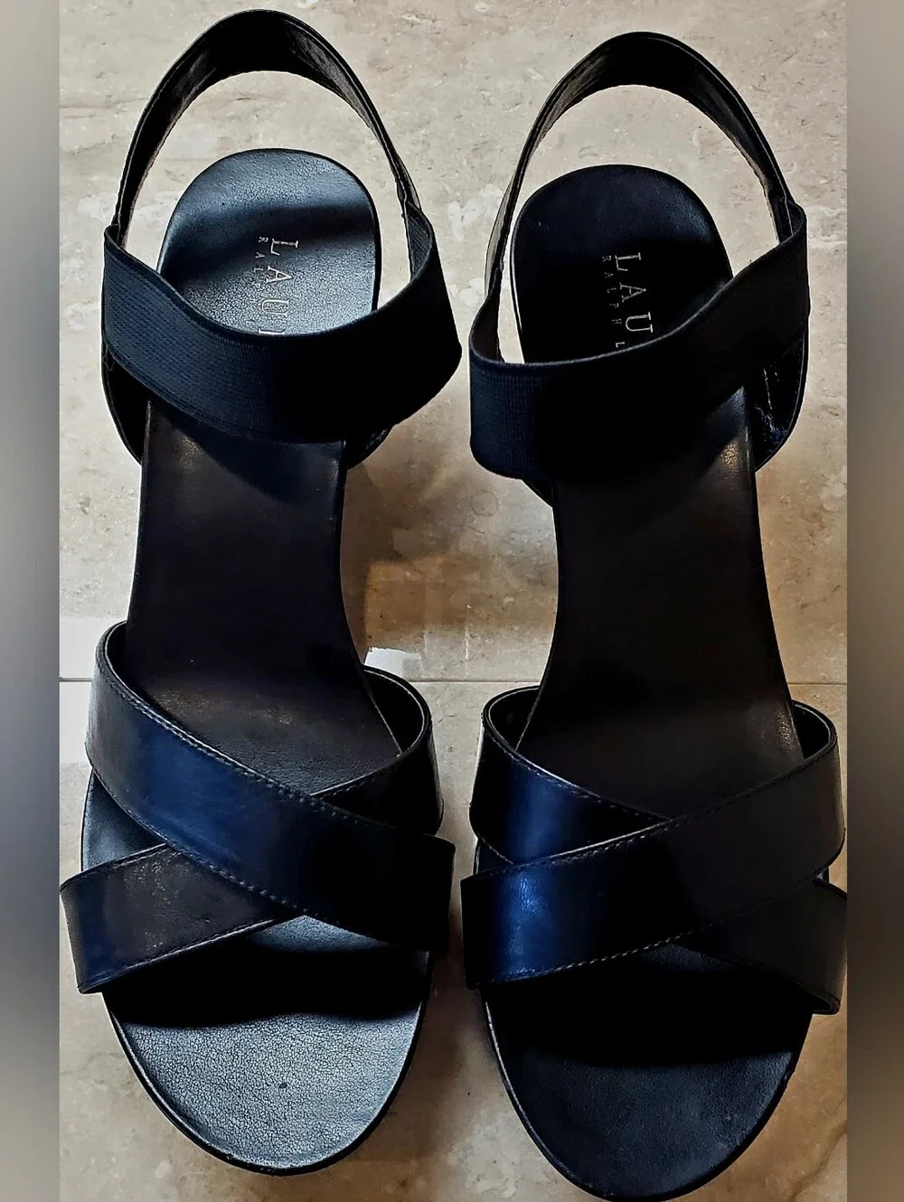 Lauren Ralph Lauren Black Leather Crisscross Wedge Sandals Size 8.5 M